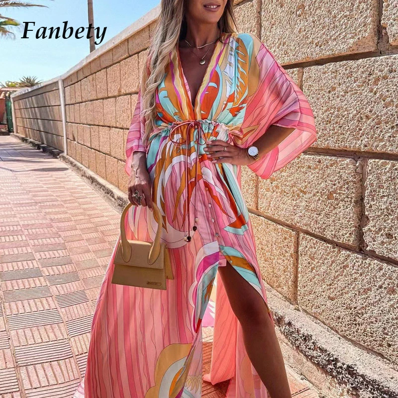 

FAKUNTN Elegant Deep V Neck Printing Hem Maxi Dresses Women Casual Button Elastic Waist Long Party Dress Summer Loose Slit Beach