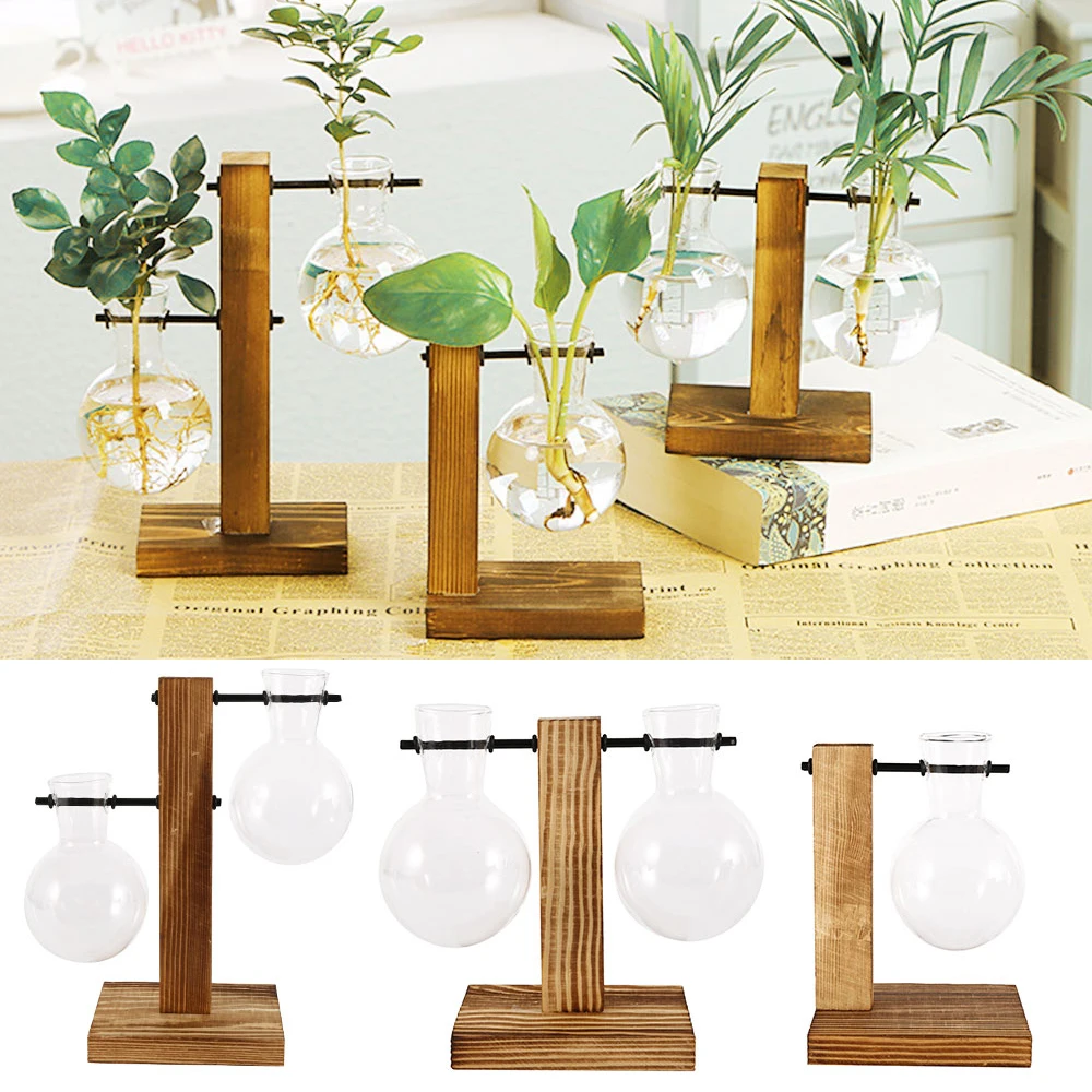Nordic Simple Hydroponic Plant Vases Vintage Flower Pot Transparent Vase Wooden Frame Glass Tabletop Plants Home Bonsai Decor