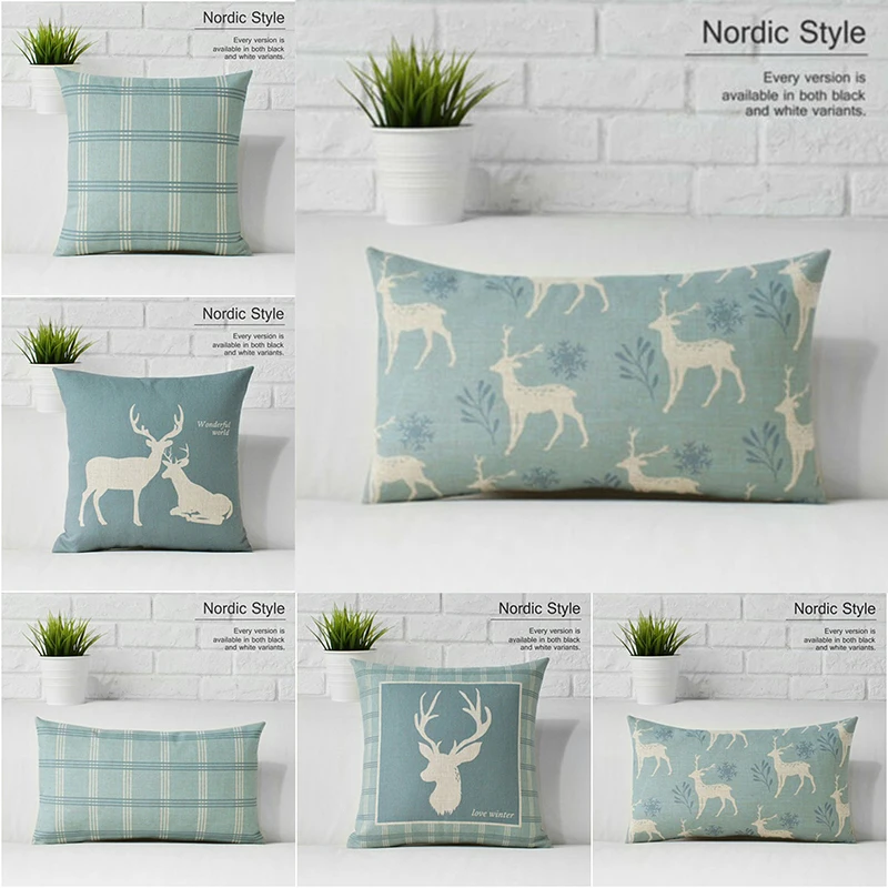 Cotton Linen Pillowcase Blue Nordic Deer Animal Geometric Flax Cushion Case 2 sizes Soft Room Gifts Single Sides Printing | Дом и сад