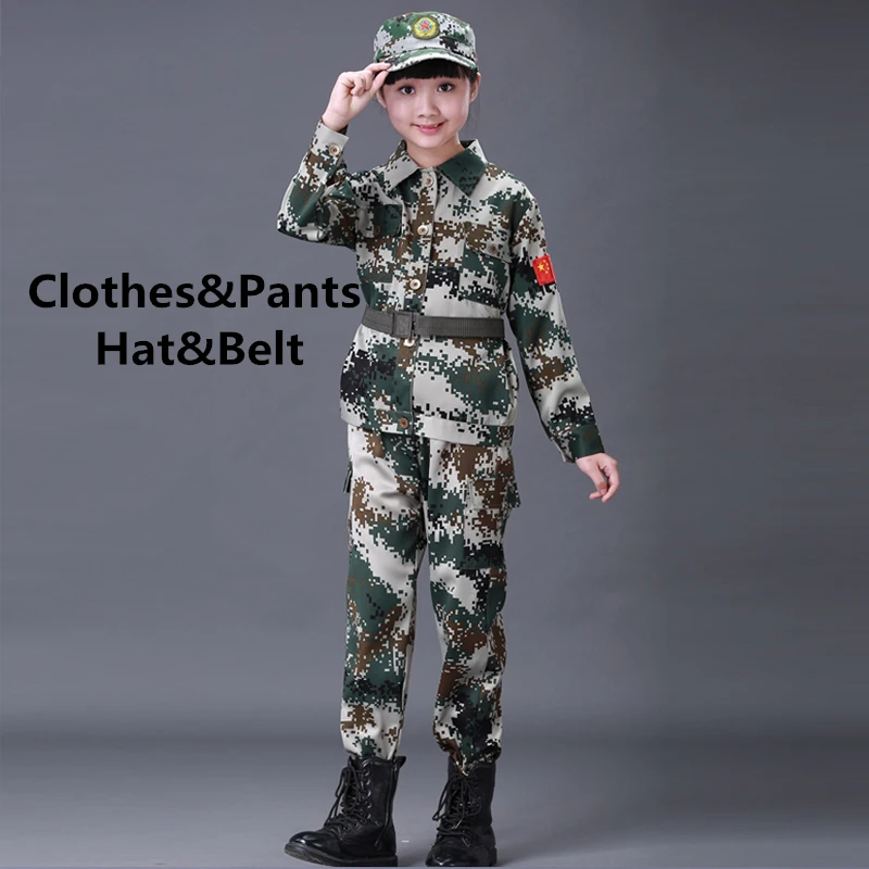 Green set Hat Belt Детская армейская военная форма, одежда для солдат, детская спортивная камуфляжная длинная куртка+ штаны+ шапка+ ремень, комплект армейской одежды - Цвет: Green set Hat Belt