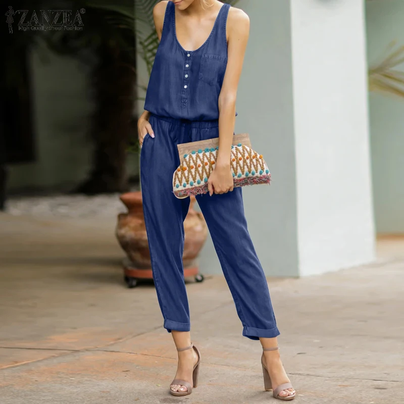 

Fashion Lady Solid Rompers 2021 Summer Elastic Playsuits Womens Casual Loose Jumpsuit ZANZEA Sleeveless Long Overalls