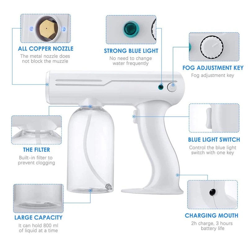 

800 ML Wireless Electric Sanitizer Sprayer Disinfects Blue Light Nano Steam Spray Gun Sterilizing Nano Spray Gun For Home Office