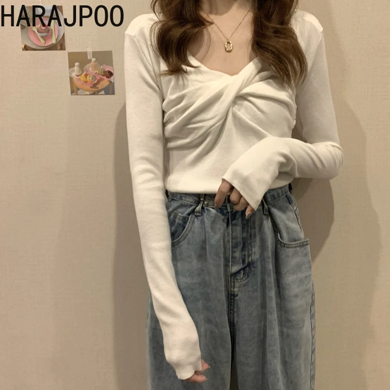 

Женские футболки Harajpoo, корейский шикарный дизайн, блузка с перекрестным V-образным вырезом, одежда для самостоятельного культивирования, то...