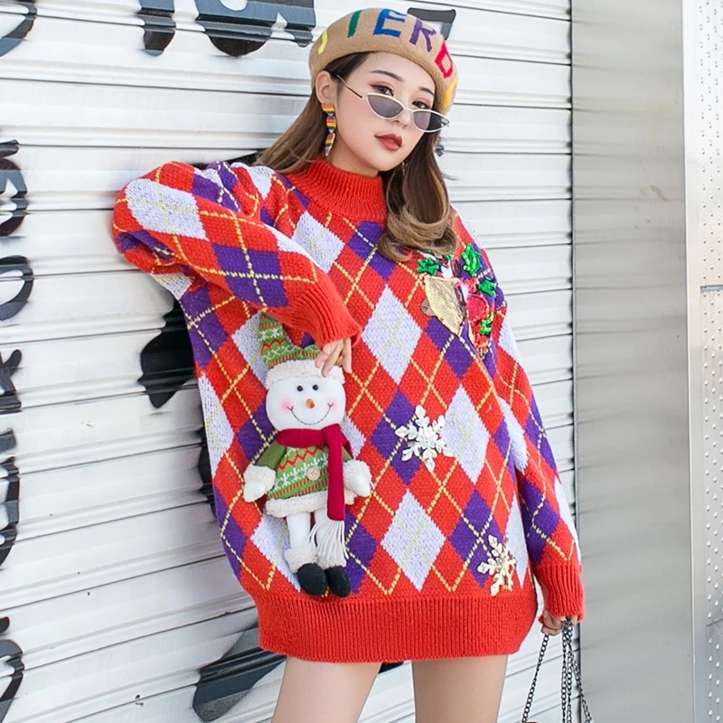 Тайская уличная мода Женский Рождественский свитер ретро красный свободный