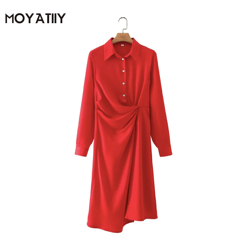

MOYATIIY Women 2022 Fashion Satin Red Pleated Shirt Dress Classic Office Ladies Midi Dresses Long Sleeeve Female Vestdios