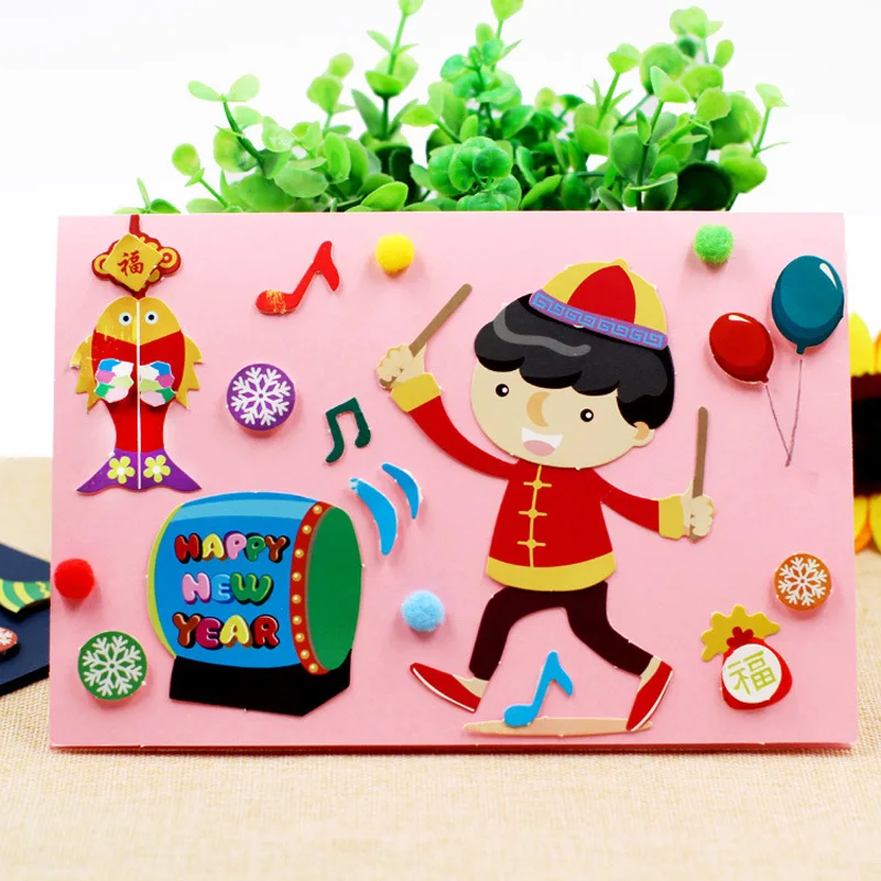 

Kids DIY Handmade Greeting Card 3D handmade Sticker Card Material Package DIY Craft Toys Children Christmas New Year DIY Card