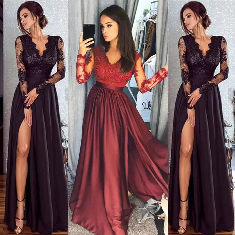 Fashion Elegant Ladies Women Sexy Long Sleeve High Waist Lace Slim Fit V Neck Party Formal Split Maxi Dress Black/Wine Red | Женская
