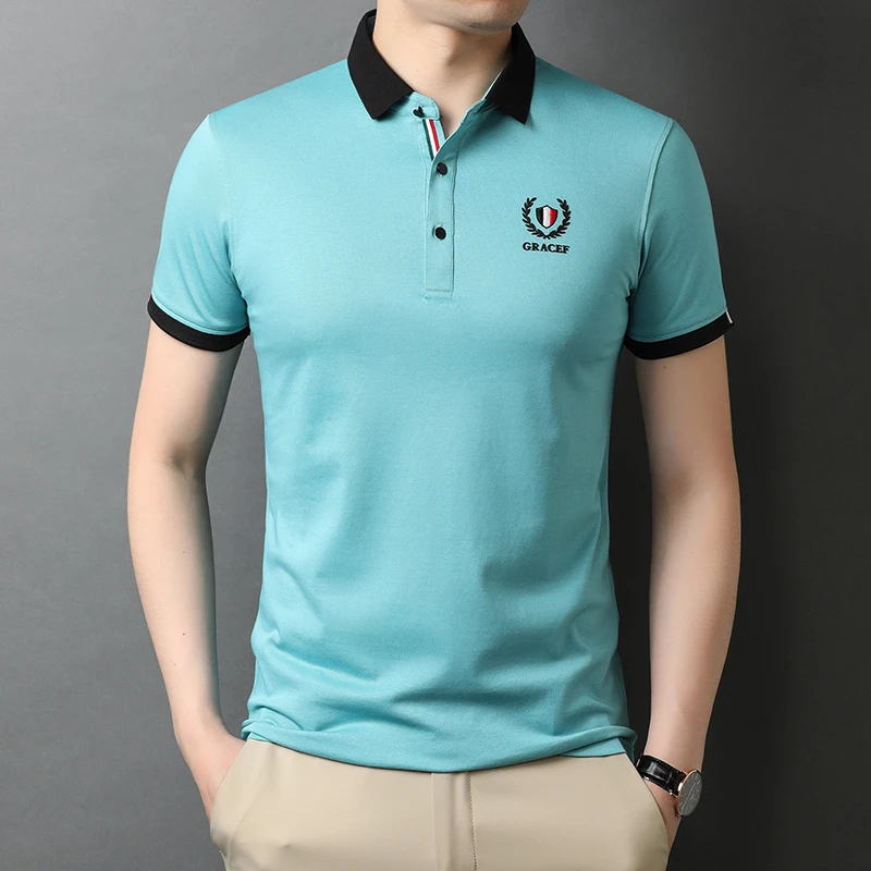 

Loldeal Men Polo Shirts Short Sleeve Slim Cotton Letter Embroidery Handsome