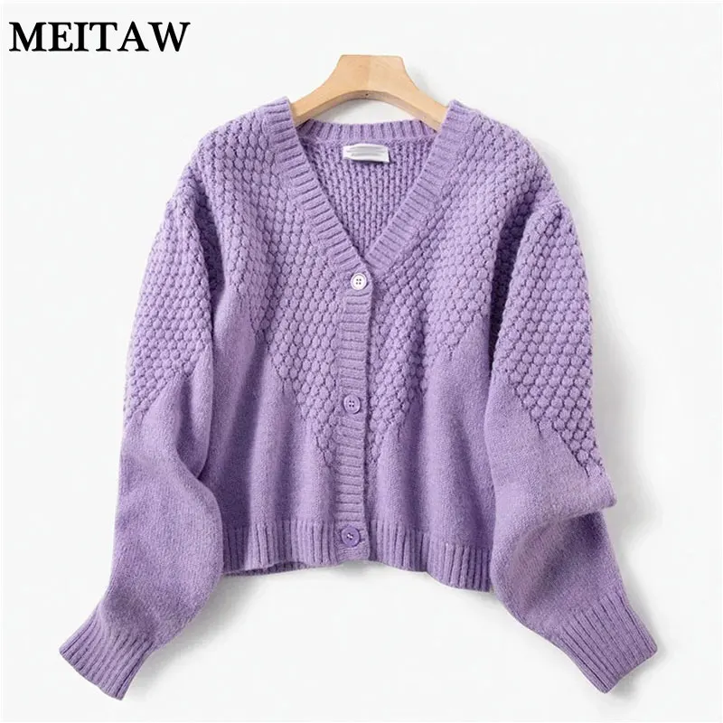 Осенний синий фиолетовый вязаный свитер женский Ретро пышный рукав кардиган 2020