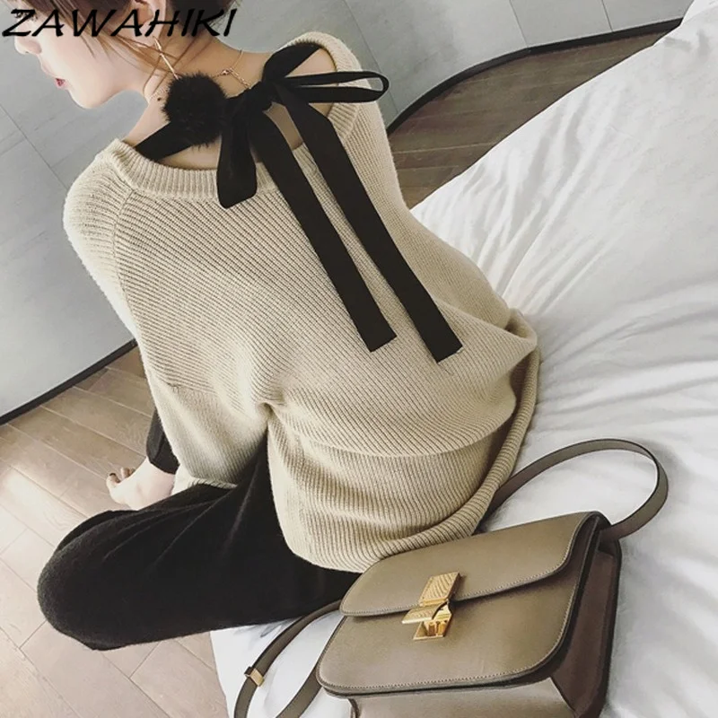 

Свитер zawхитки, Женский вязаный свитер с бантом, повседневные милые корейские свитера с длинным рукавом и круглым вырезом