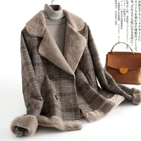 womens wool down cotton padded jacket 2021 autumn winter new loose and elegant jacket korean plaid fur one piece coat