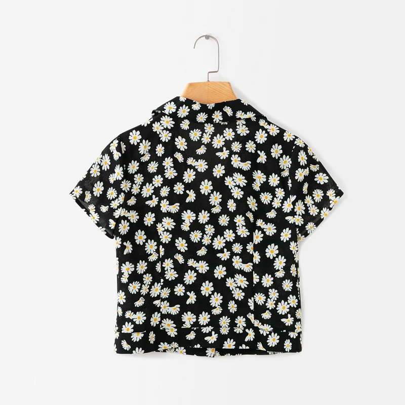 

Summer Women's Shirt Casual Flower Print Suit Collar Short Sleeve Shirt