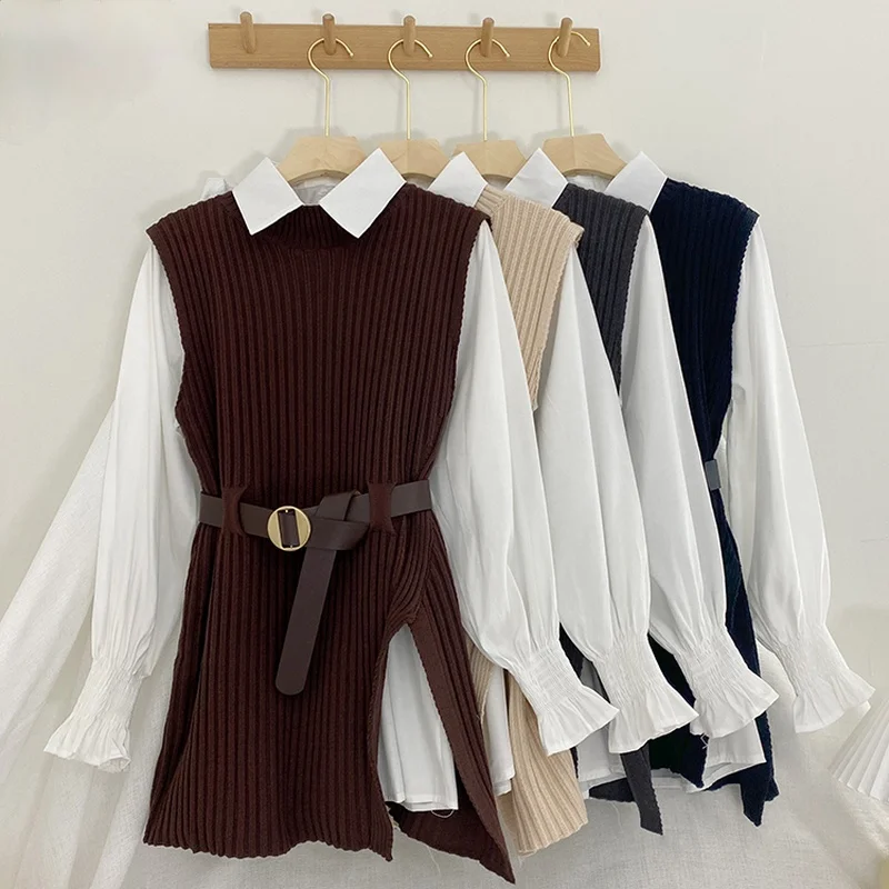 

Woherb 2021 Korean Spring Autumn Women Knitted Pullovers Vest + White Blouse Casual Belt Suit Two Piece Set Conjuntos Mujer
