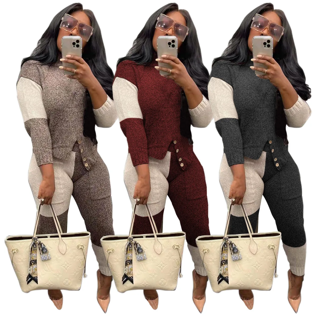 

2022 Spring Winter Ribbed Patchwork Women Two 2 Piece Set Outfits Sweater and Pants Suit Active Knitted Sweatsuit Tracksuits