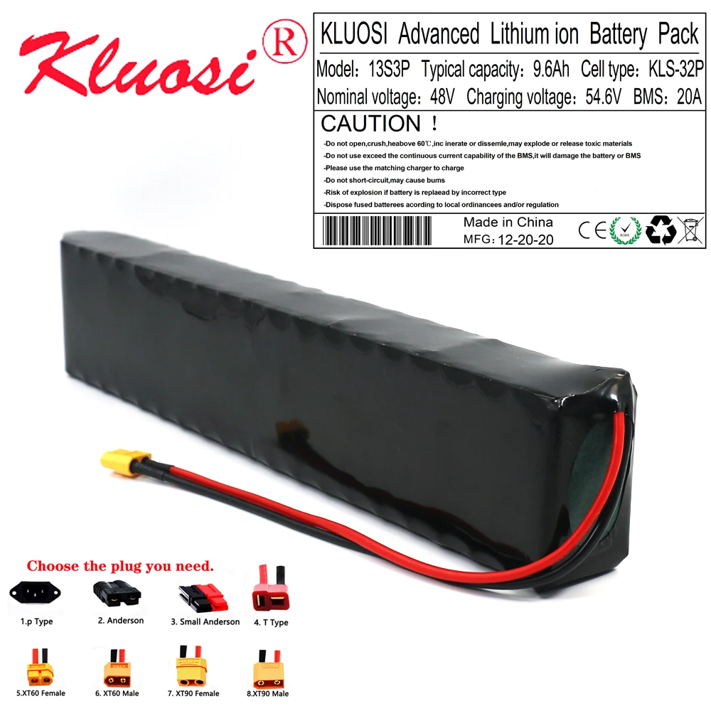 KLUOSI 48V 9.6Ah 10Ah 13S3P 250W~750W 54.6V Rechargeable Lithium Battery Pack Built-in 20A Common Port BMS Scooter Ebike Motor |