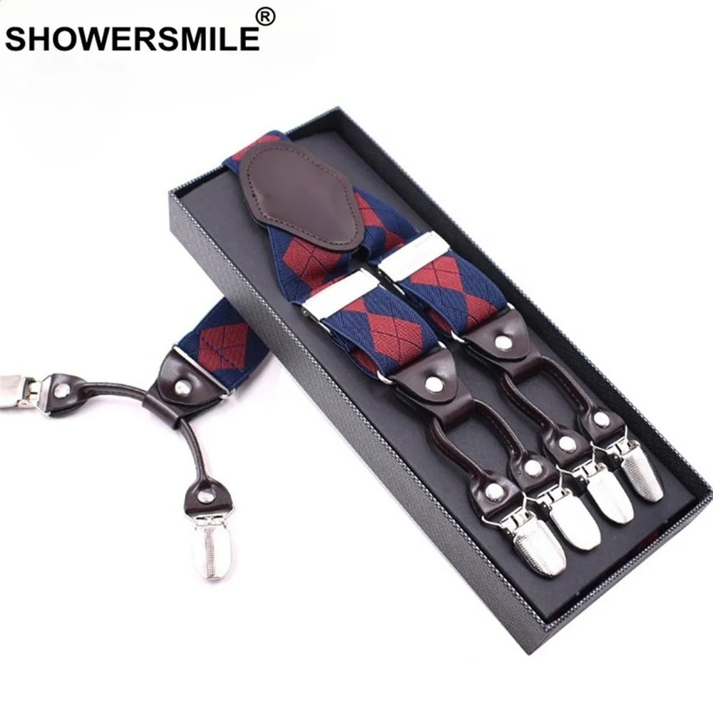 

Plaid Men Suspenders Audlt British Style Mens Trouser Braces Red Blue 6 Clips Y Back 125CM 3.5CM Male Suspenders