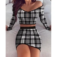 two pieces women set casual spring summer lattice v neck long sleeve off the shoulder crop tops elegant high waist mini skirt