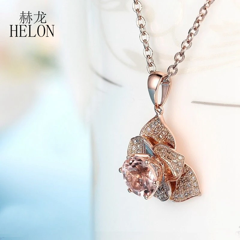 HELON Solid 10k розовое золото безупречный Круглый 7 мм натуральный морганит& алмазный кулон женский цветок ювелирные изделия Элегантный драгоценный камень кулон