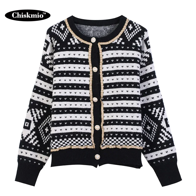 Женский трикотажный свитер в черно-белую полоску однобортный Свободный кардиган