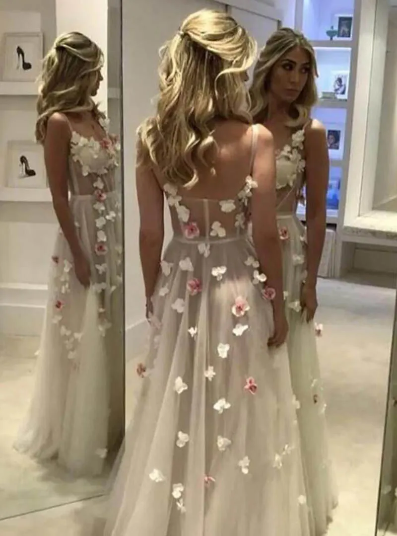 Sevintage Chic 3D Flowers Long Prom Dresses Spaghetti Strap Tulle Women Evening Gowns Open Back Princess Formal Dress 2021 | Свадьбы и