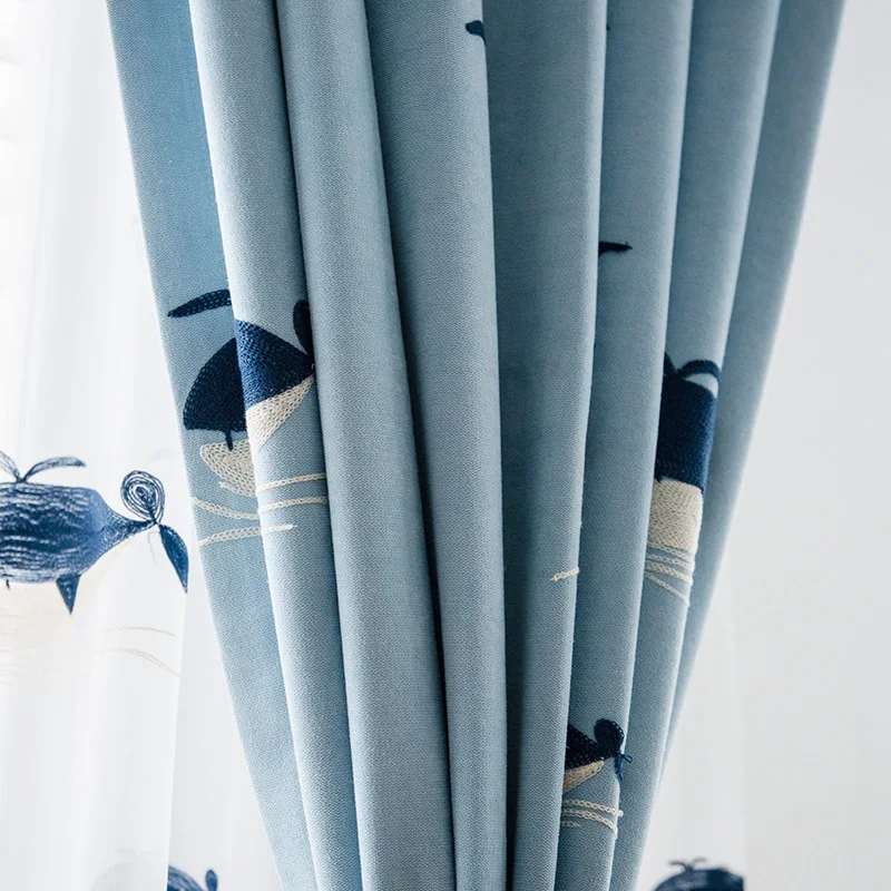 Детские шторы с рисунком Кита затемняющие для мальчиков и девочек вышивкой из