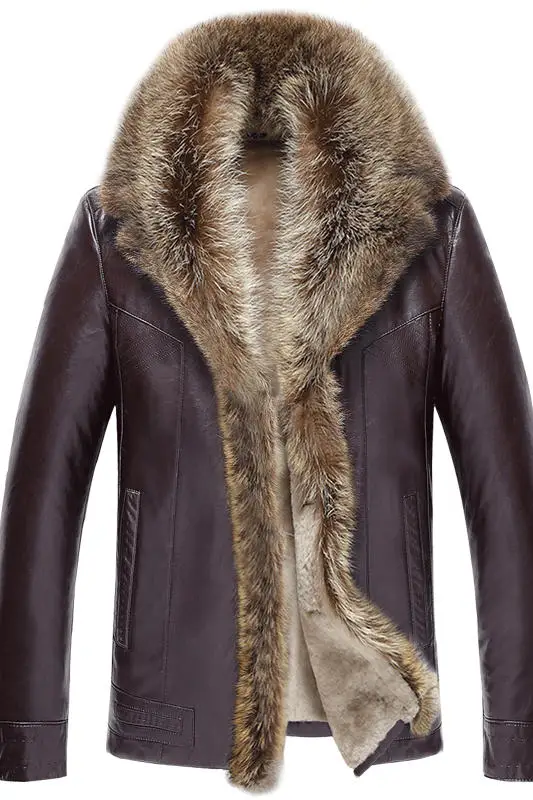 

winter Mens leather jacket, genuine lamb wool leather jacket, thick raccoon fur jacket for men, plus size male fur collar coat