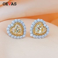 oevas luxury yellow high carbon diamond earrings for women sparking full zircon heart wedding party bride band jewelry gift