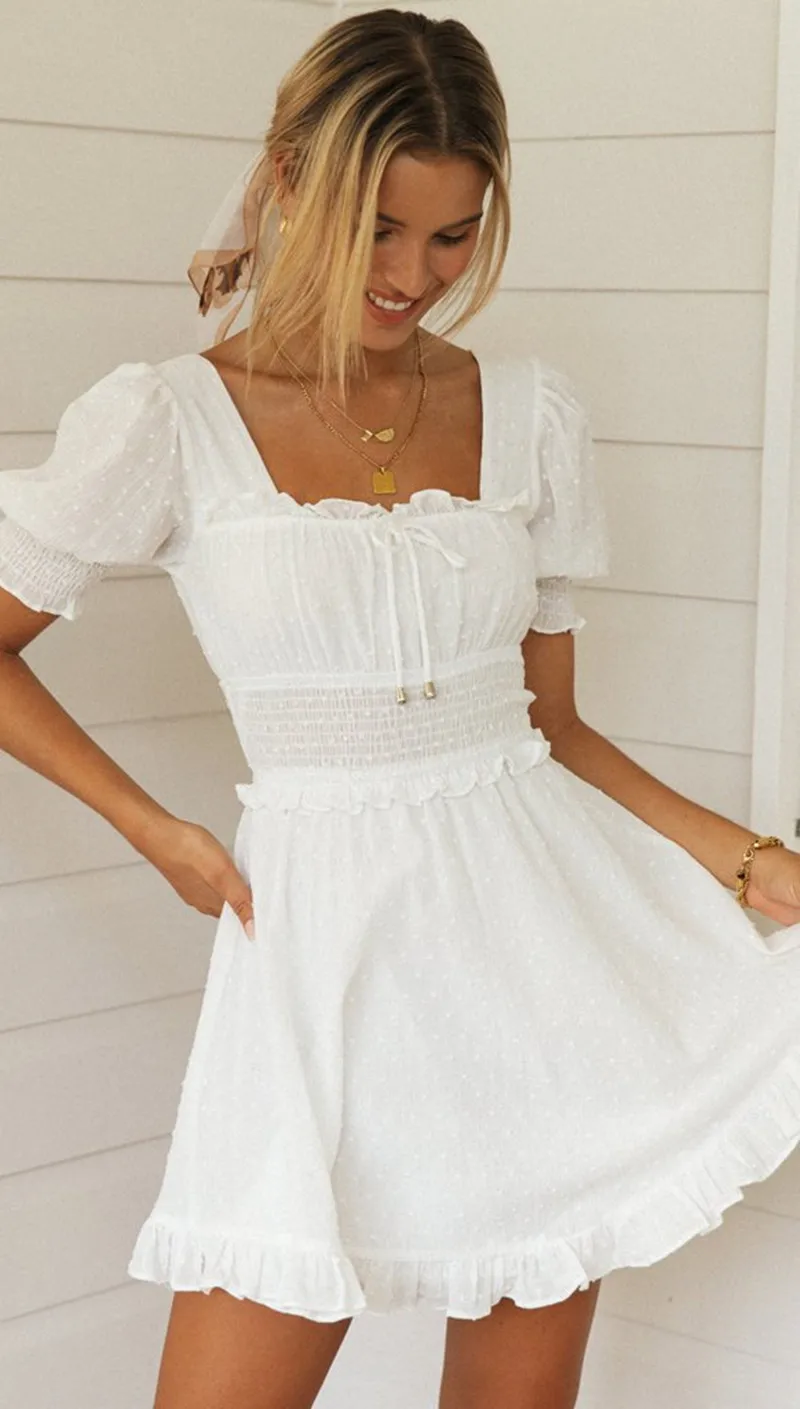 

Giyu2021 New Solid Color Square Neck Short Skirt Women European And American Sweet Puff Sleeve Lace Halter Dress