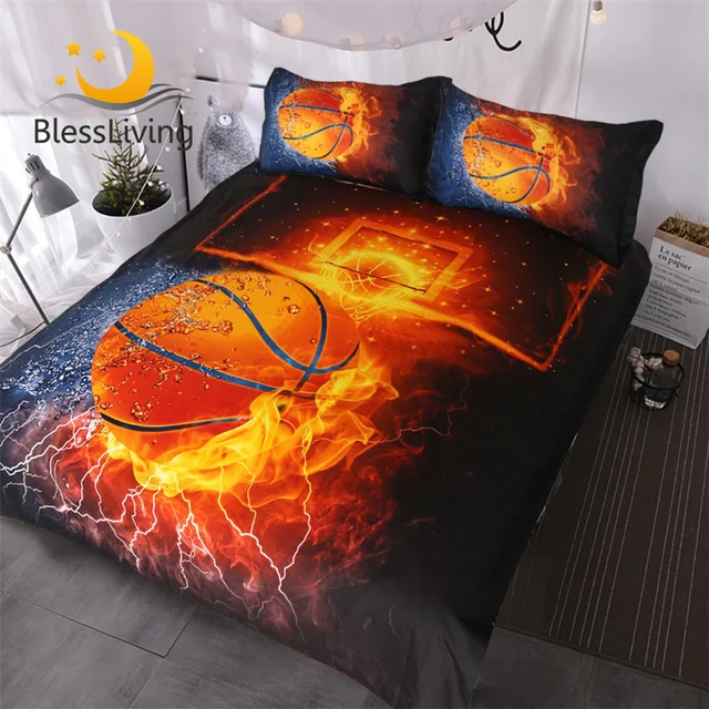 BlessLiving Basketball Bedding Set for Boys Girls Bed Linen 3D Shooting a Basketball Fire Flames and Water Sports Duvet Cover 1