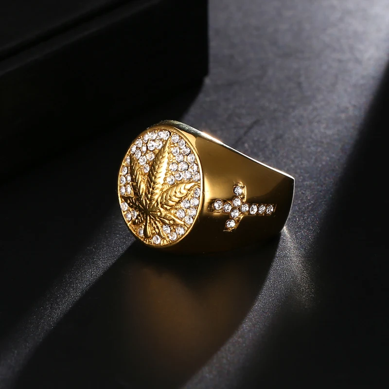 D&Z Iced Out Bling микро проложили Кристалл травка кленовый лист кольцо из нержавеющей стали кольца для мужчин хип хоп рэппер ювелирные изделия
