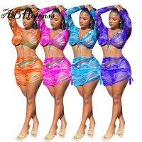 summer see through tie dye print outfits mesh sheer v neck lace up crop tops and sheath mini skirts two piece set women