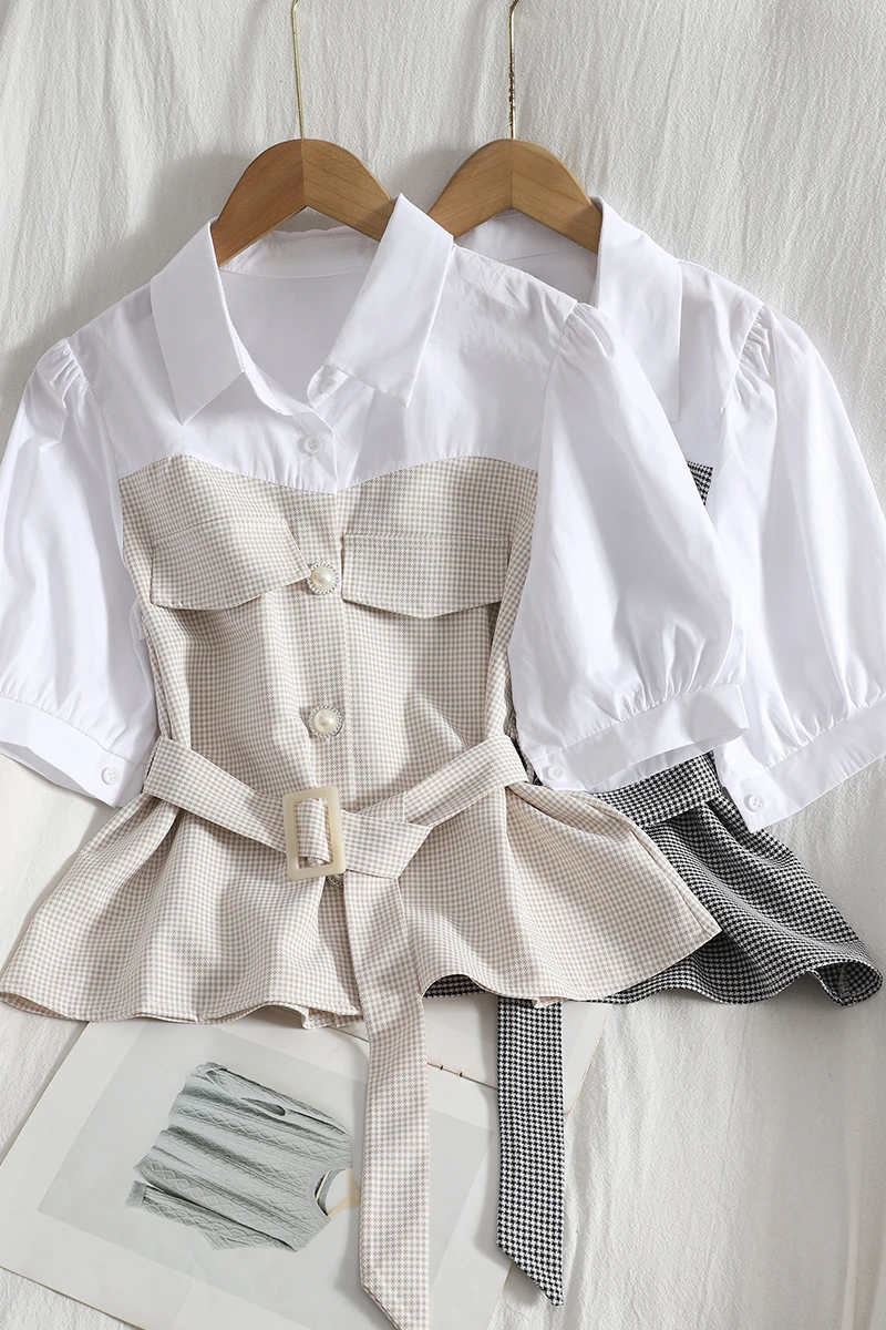 

Elegant contrast stitching temperament waist plaid shirt summer new style buttoned thin lapel short-sleeved shirt women tops
