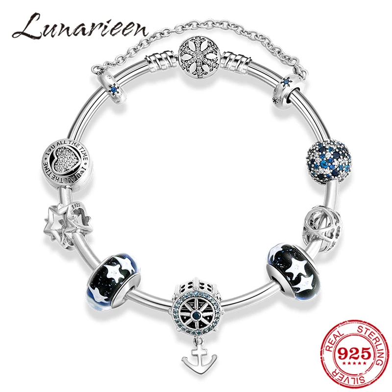 

Real 925 Sterling Silver Charm Bracelet with Anchor Star CZ Clip Beads Snowflake Safety Chain Women Bangles DIY Original Jewelry