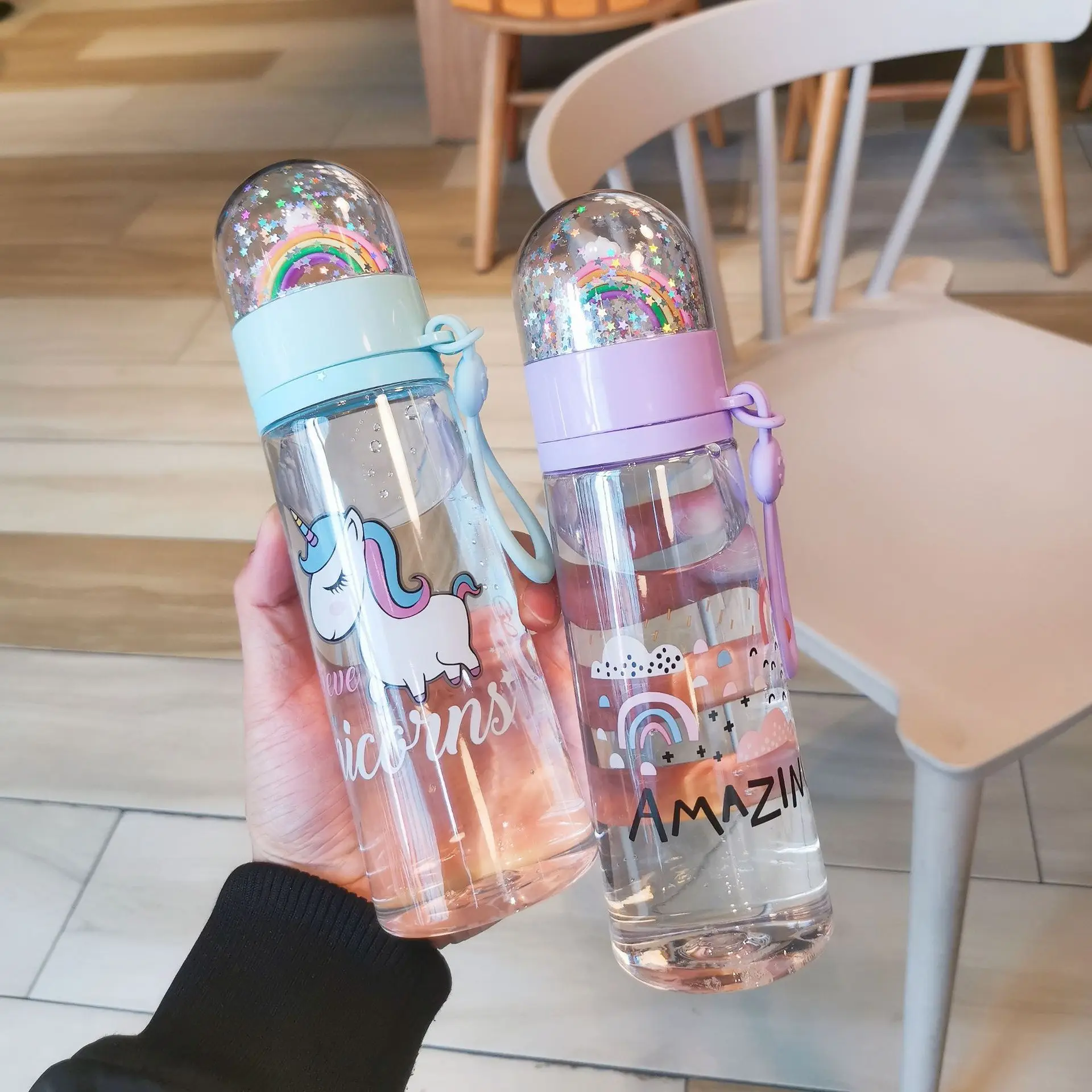 Water bottle cute unicorn creative micro landscape interesting design plastic water cup rainbow color girl portable | Дом и сад