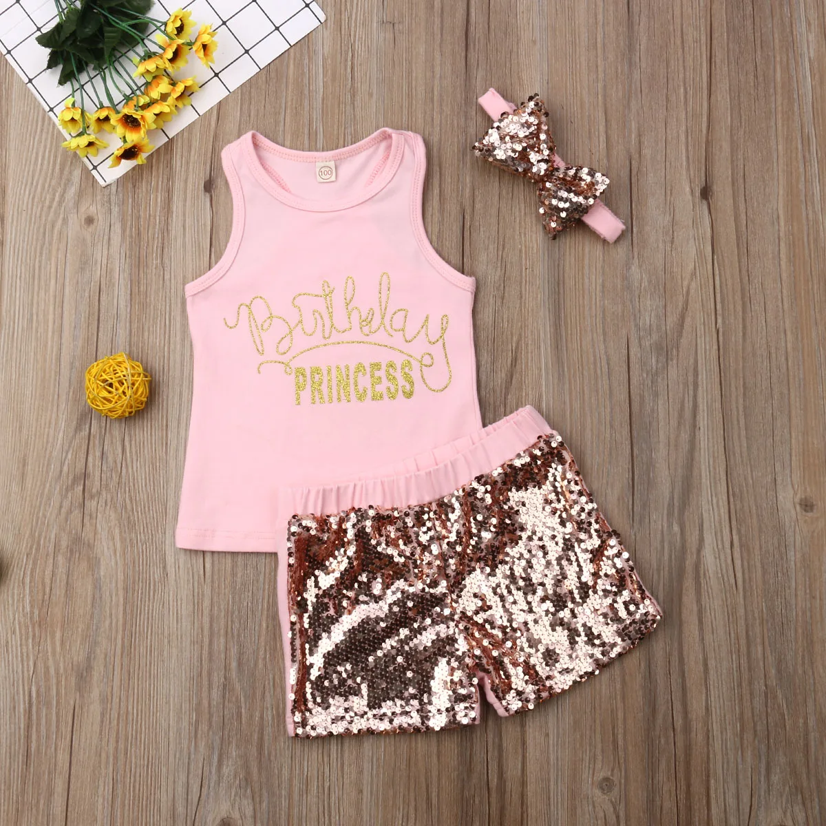 

Girls Fashion Suit Sleeveless Round Neck Letter Printing Top Sequins Loose Pants Bow Hairband
