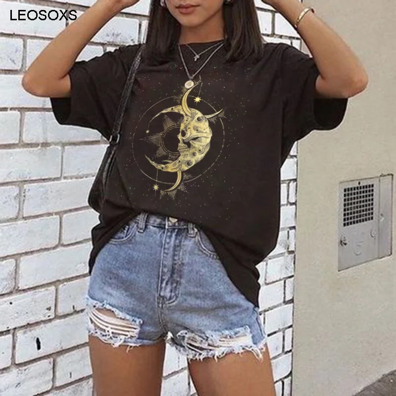 

Short Sleeve 2021 Summer New Moon Skeleton Fashion Round Neck Printed Women's T-shirt Printed Leisure Harajuku Top