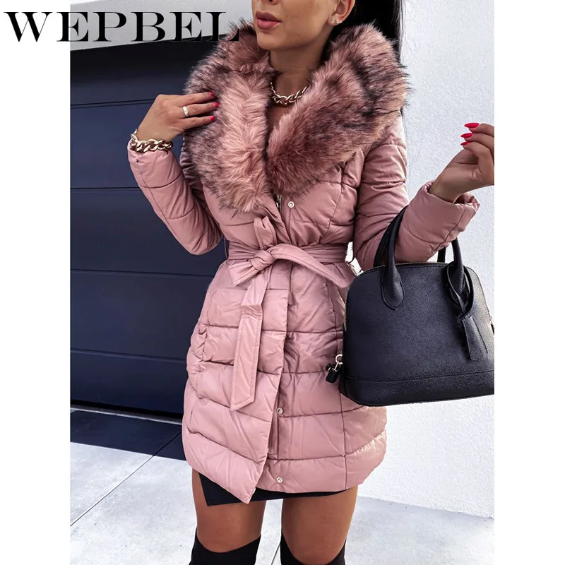 

Mandylandy Women Winter Fur Lapel Collar Long Coat with Belt Lady Elegant Warm Thicken Corset Zipper Jacket Outerwear Overcoat