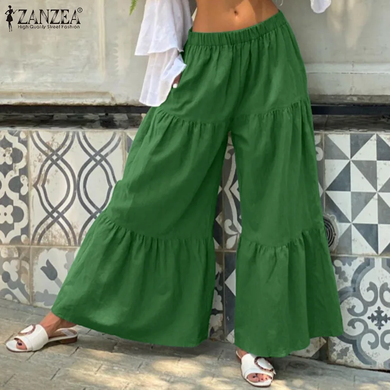 

Female Cotton Linen Pantalon 2021 New Fashion Wide Leg Pants Womens Solid Ruffle Long Trousers Casual Elastic Wasit Bottoms