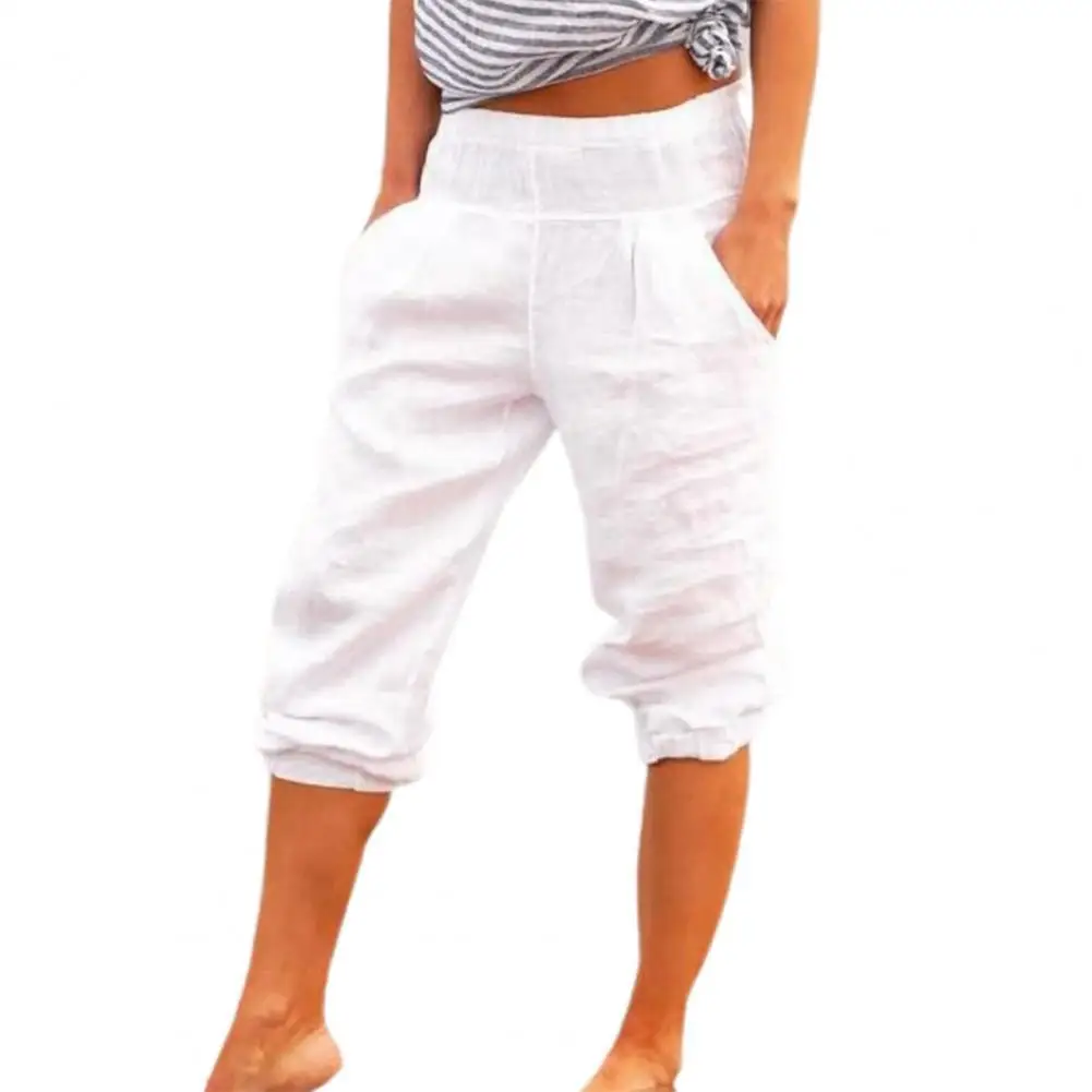 

Casual Women Capri Pants Pockets Solid Color High Waist Loose 3/4 Trousers for Daily Life