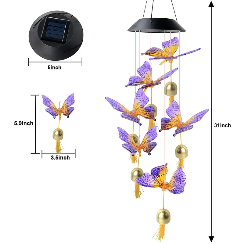 

Butterfly Wind Chimes Solar Bells Lamp Outdoor Solar Chandelier Gardening Mother Garden Decoration G10