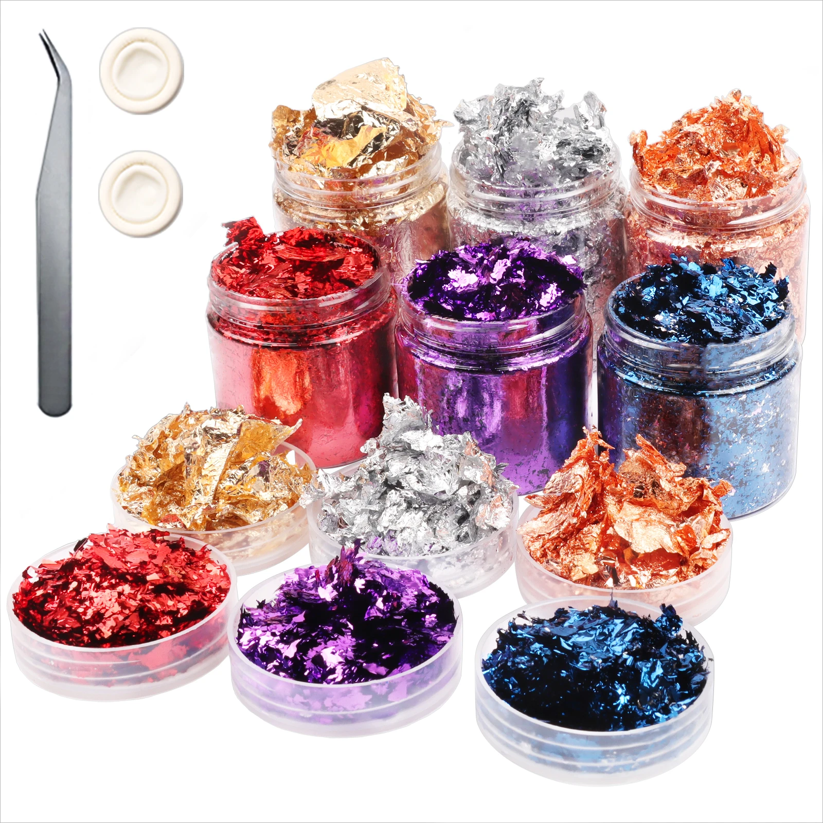 

Gilding Gold Foil Flakes for Resin Jewelry, Imitation Foil Flakes Metallic Leaf with Tweezers and Finger Cots for Pain