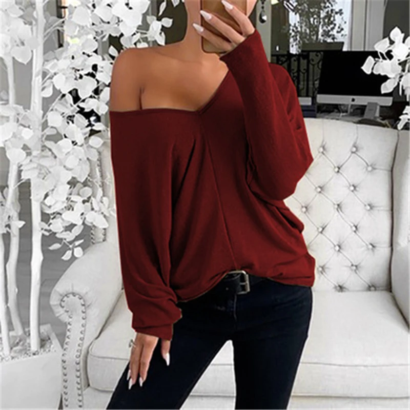 

Women V-Neck Tshirt Spring Autumn Long Sleeve Thin Casual Loose Plus Size T-Shirt Bat Sleeve Solid Color Fashion Street Tee Tops