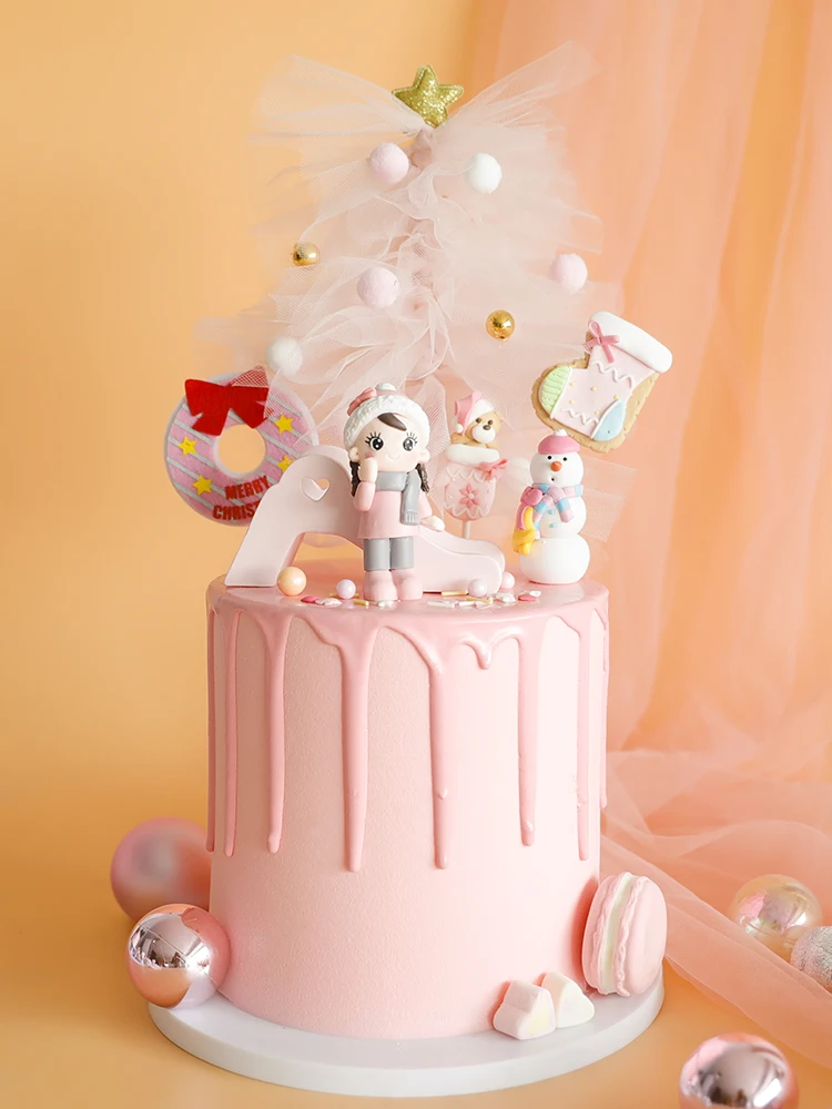 

cute Warm winter Pink Girl snowman doll Princess Girl's Happy Birthday Cake Topper Kid Party Supplies Pink Love Flags Gifts