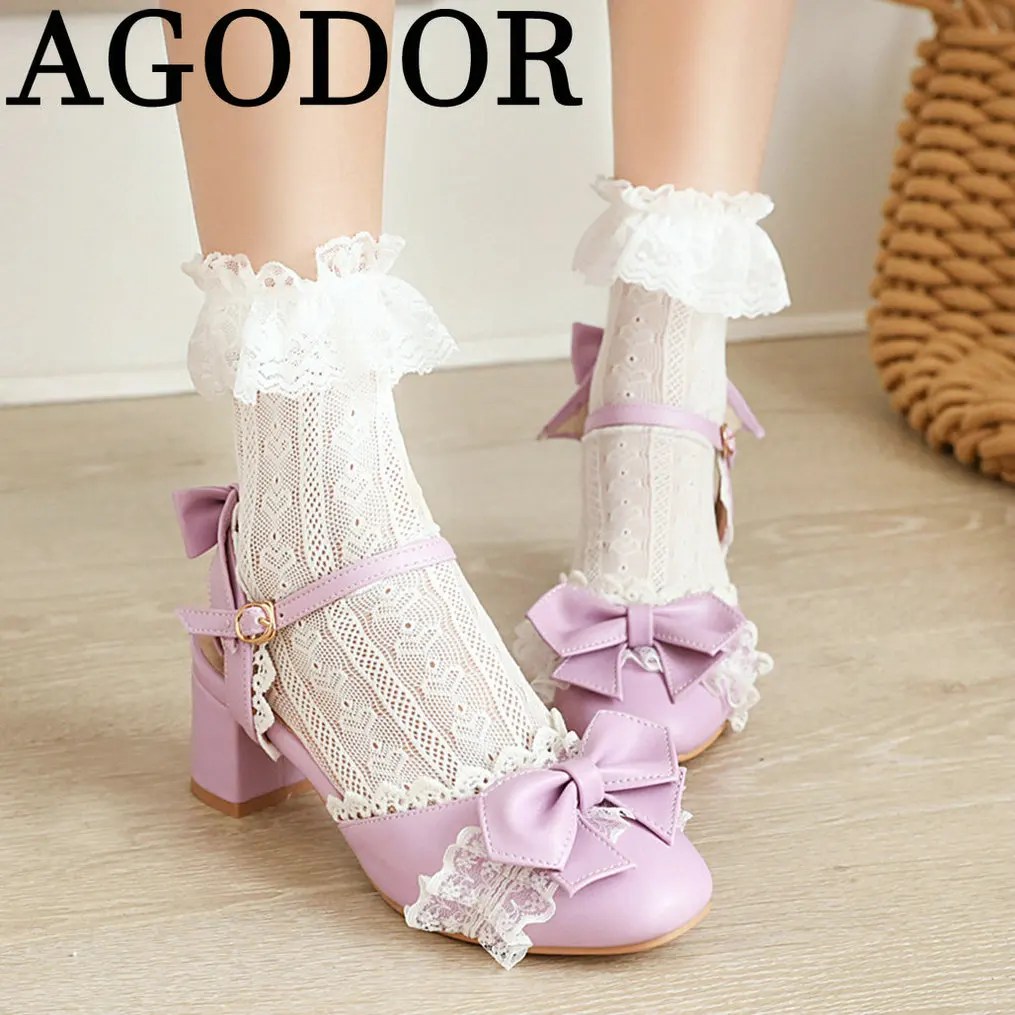 

AGODOR 2021 Women Lolita Pumps Shoes Chunky Heel Ankle Strap Cute Pumps Slingback for Women Lace Pumps with Bow Tie Ladies Pumps
