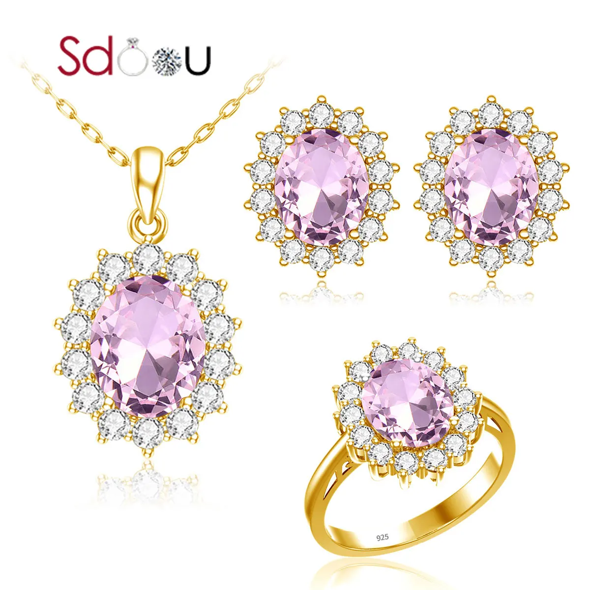 

SDOOU Bridal Jewelry Sets 14K Gold Ring Stud Earring Pendant Necklace Pink Crystal With Zircon Gems Elegant Fashion Jewelry Hot