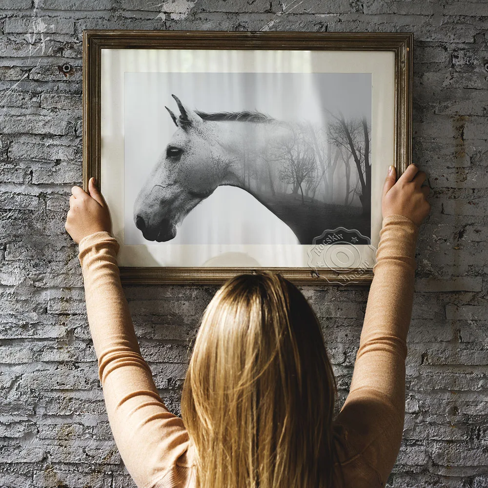 

White Horse Art Print, Black White Animal Wall Art, White Stallion Artwork Wall Decor, Nature Forest Landscape Horse Painting