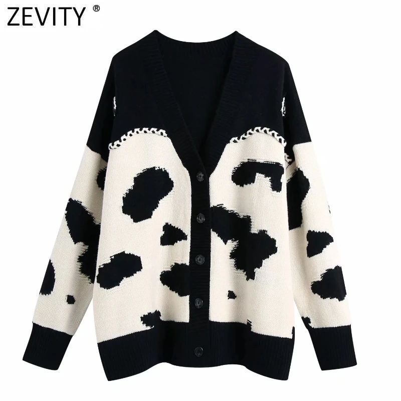 

Zevity Women Vintage V Neck Animal Pattern Crochet Cardigans Knitting Sweater Female Chic Long Sleeve Contrast Color Tops S703