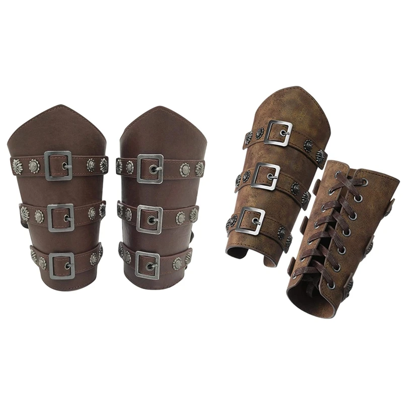 

Medieval Faux Leather Arm Guards 2 Pieces Halloween Adult Buckle Bracers Knight Armband Costume Retro Wristband Bronze