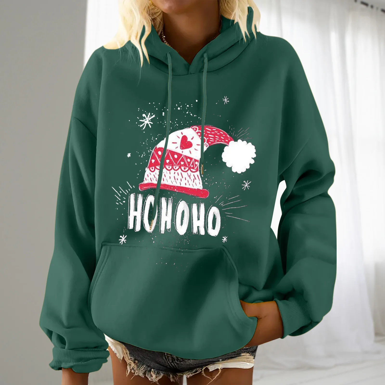 

Fashion Women's Christmas Hat Printing Oversized Sweatshirts Long Sleeve Pocket Casual Pullover Shirt Blouse Hoodie Sweetshirts