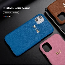 Custom Pebble Grain Genuine Leather Luxury Gold Initial Name Phone Case Cover For iPhone 12 11 13 Pro Max X XS XR 7Plus 8Plus